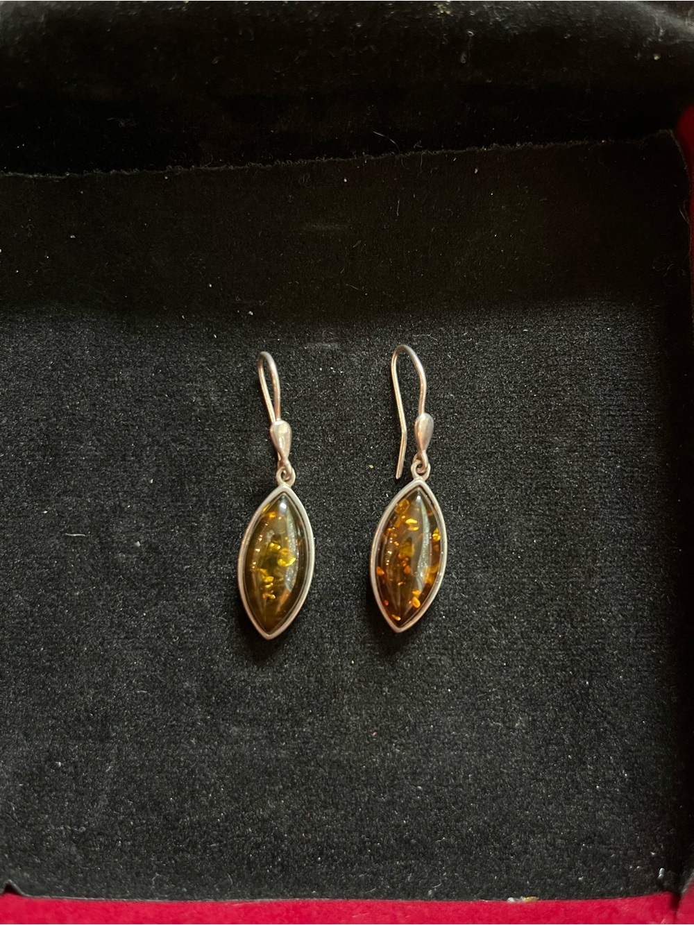 Sterling Silver Amber Drop Earrings - Green Amber